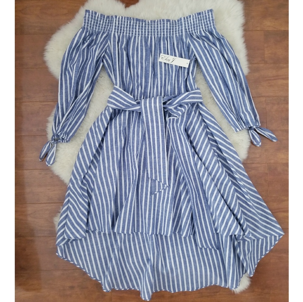 NWT Eliza J Blue Striped Off Shoulder Dress Sz. 10